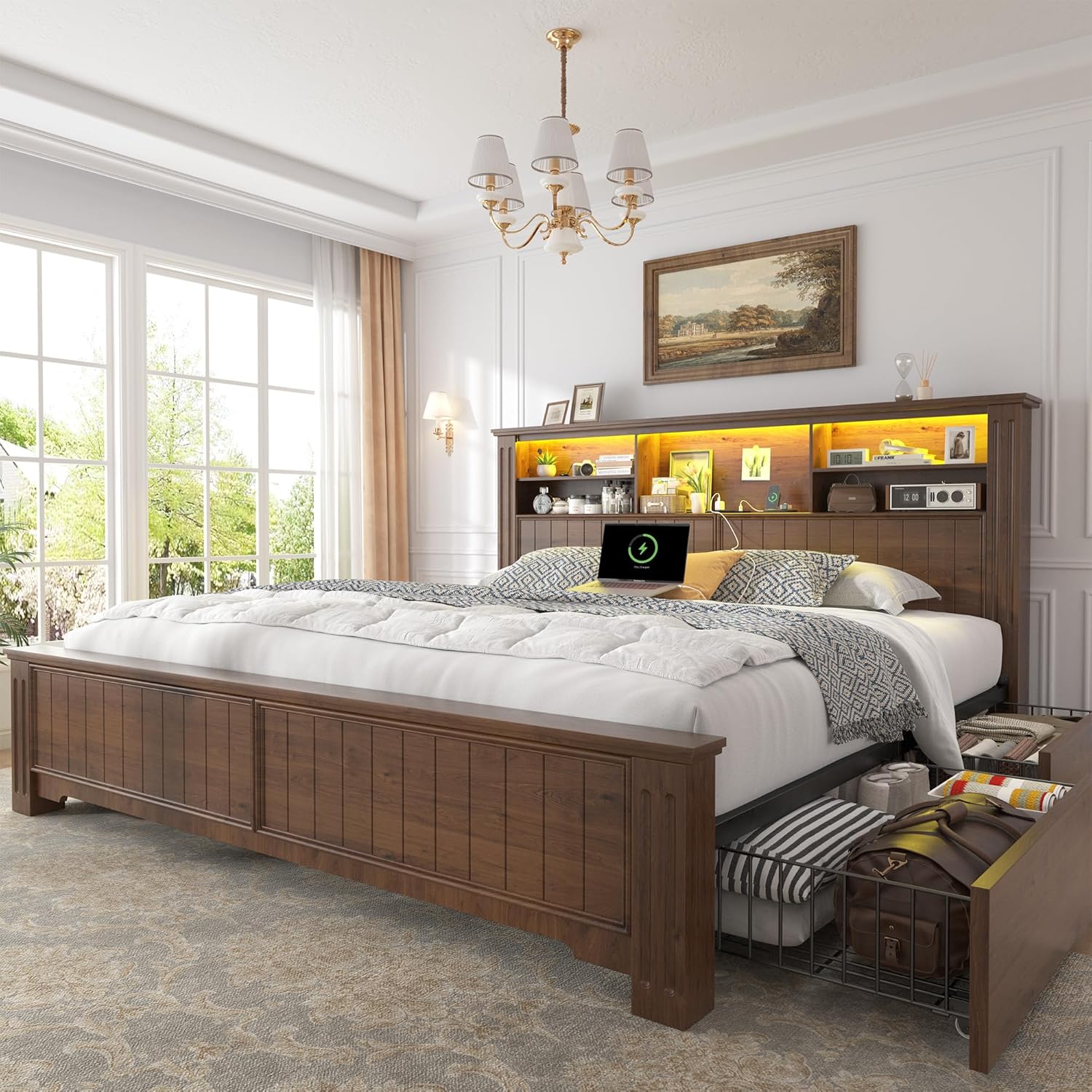 King Size Bed Frame with Storage Drawers and LED Charging Station
