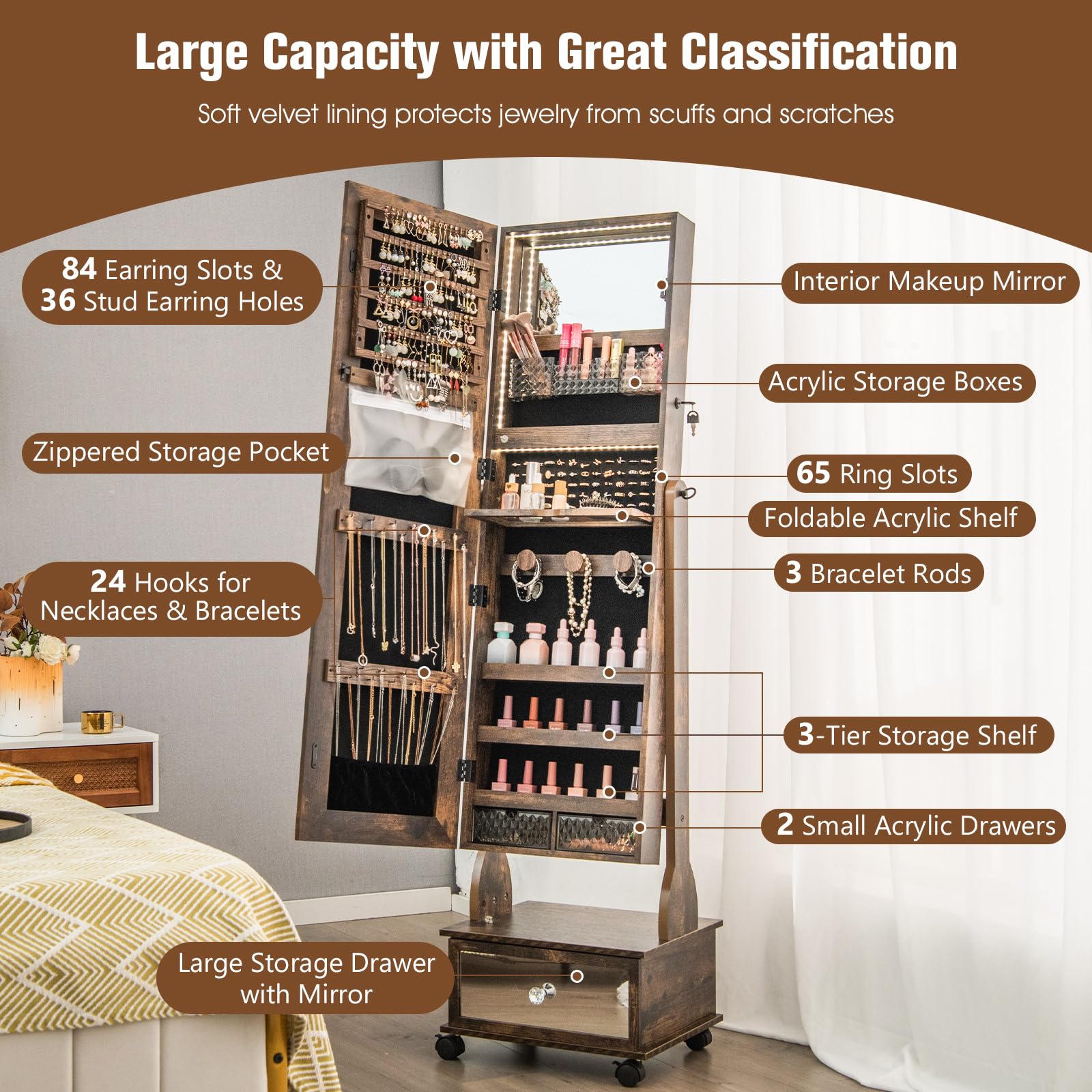 Rolling Jewelry Armoire with Full Length Mirror