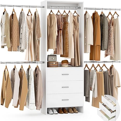 Wall-Mounted Closet System with 3 Drawers and 4 Hanging Rods