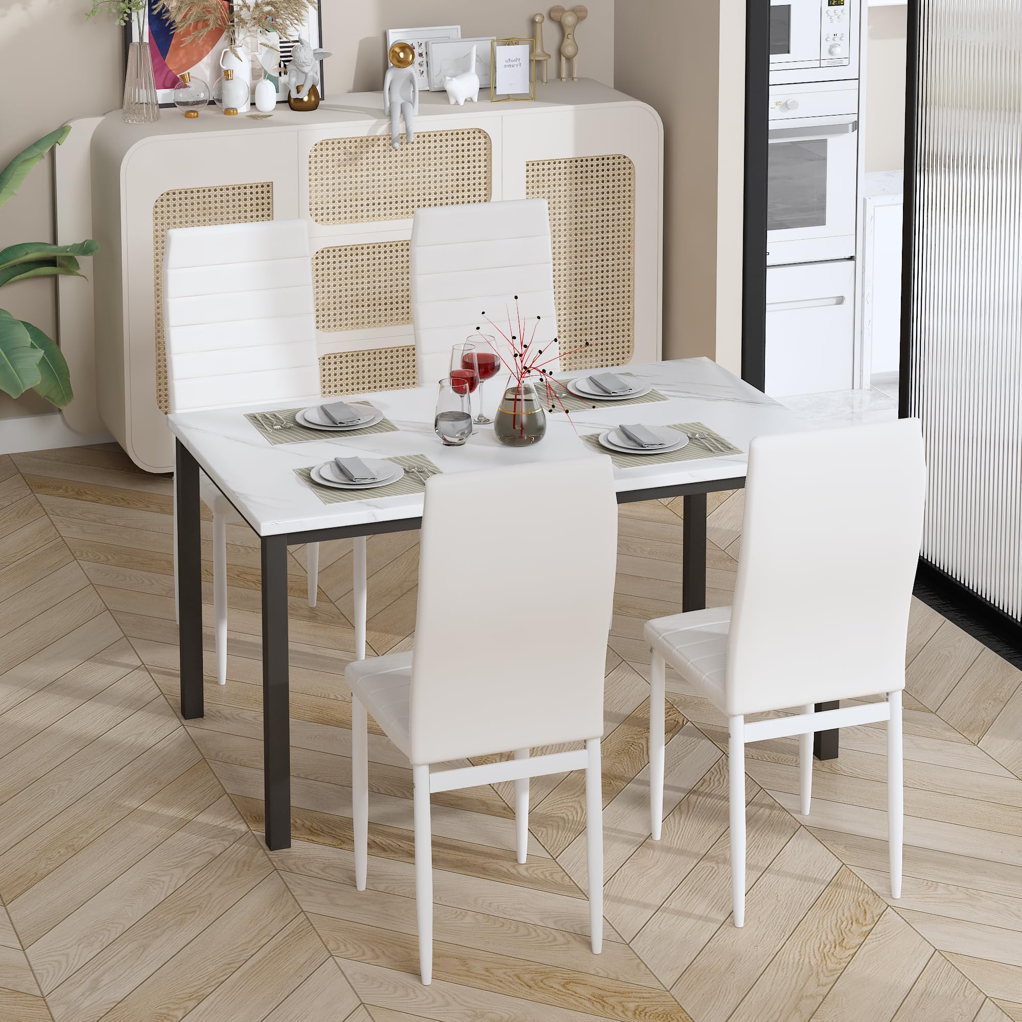 5-Piece Dining Table Set with Faux Marble Top