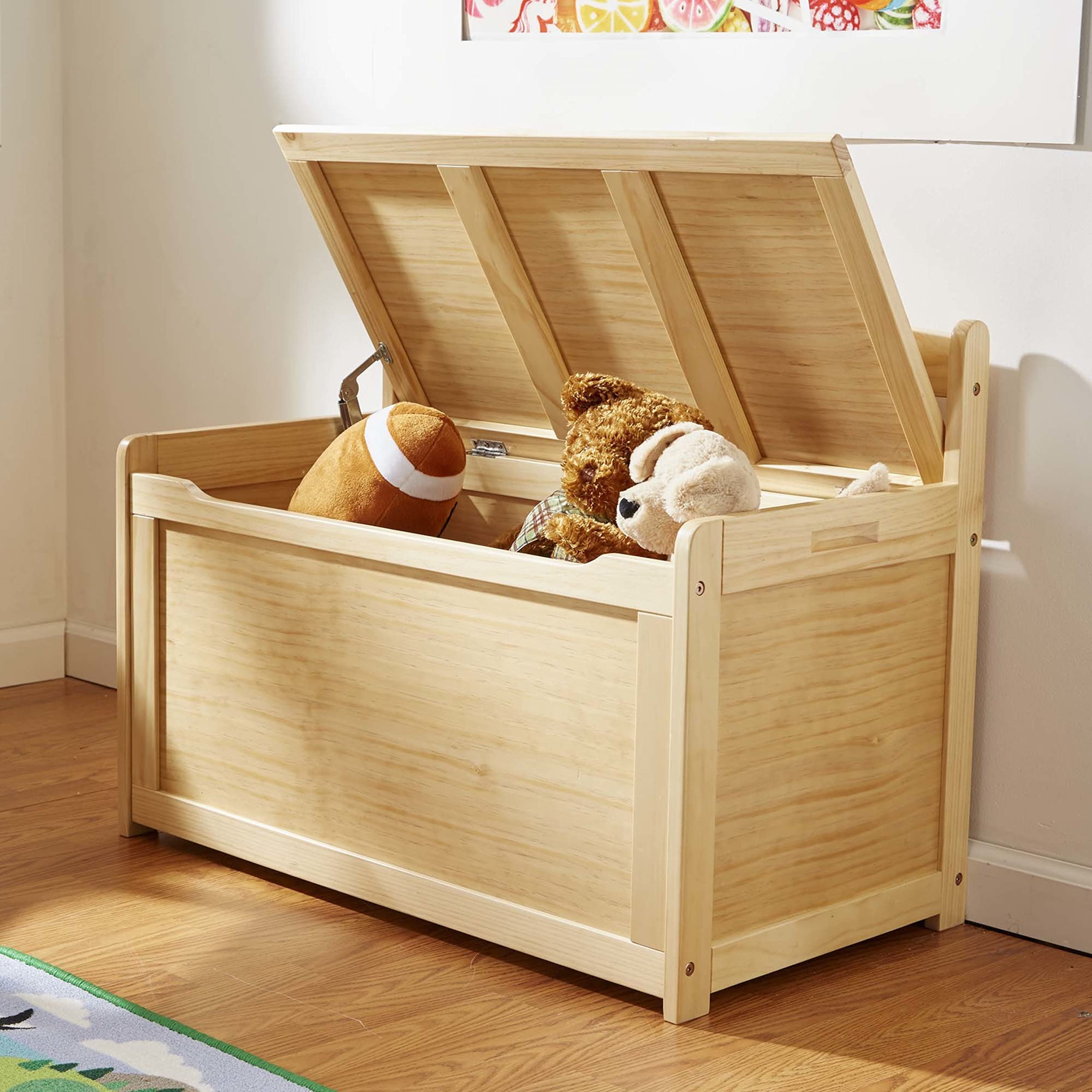 Wooden Toy Chest with Safety-Hinged Lid