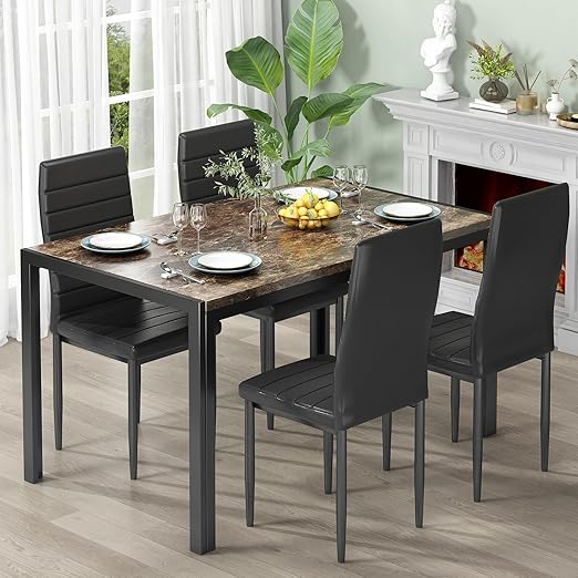 5-Piece Dining Table Set with Faux Marble Top and Velvet Chairs