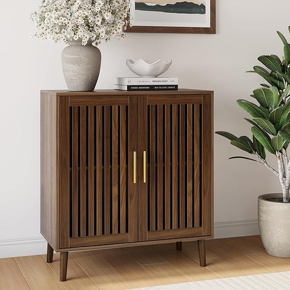 Walnut Slatted Door Storage Cabinet 63 Inch