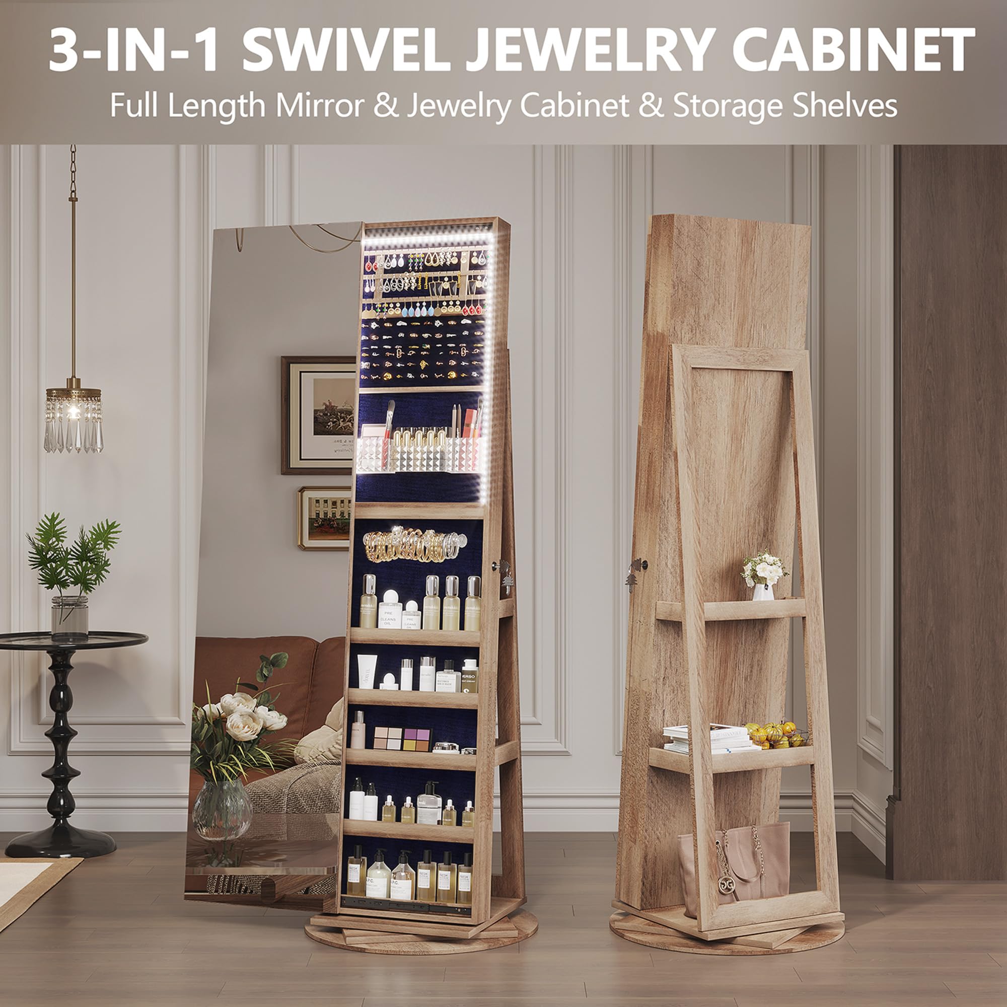 360° Rotating Full Length Mirror Jewelry Cabinet with LED Lighting