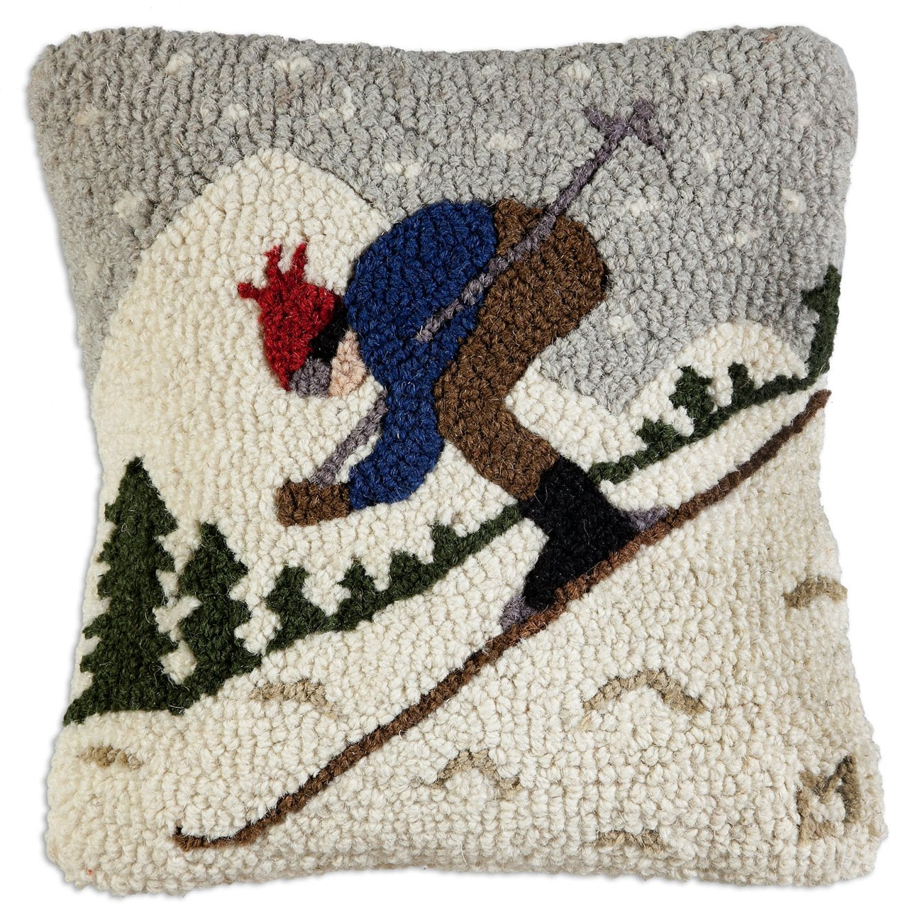 Downhill Skier Hand-Hooked Wool Throw Pillow 14x14