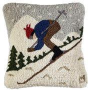 Downhill Skier Hand-Hooked Wool Throw Pillow 14x14