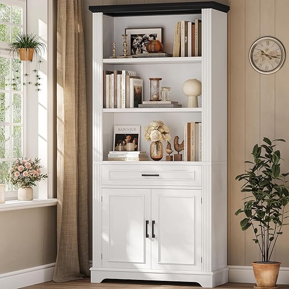 6-Tier Farmhouse Bookcase with Doors and Drawer