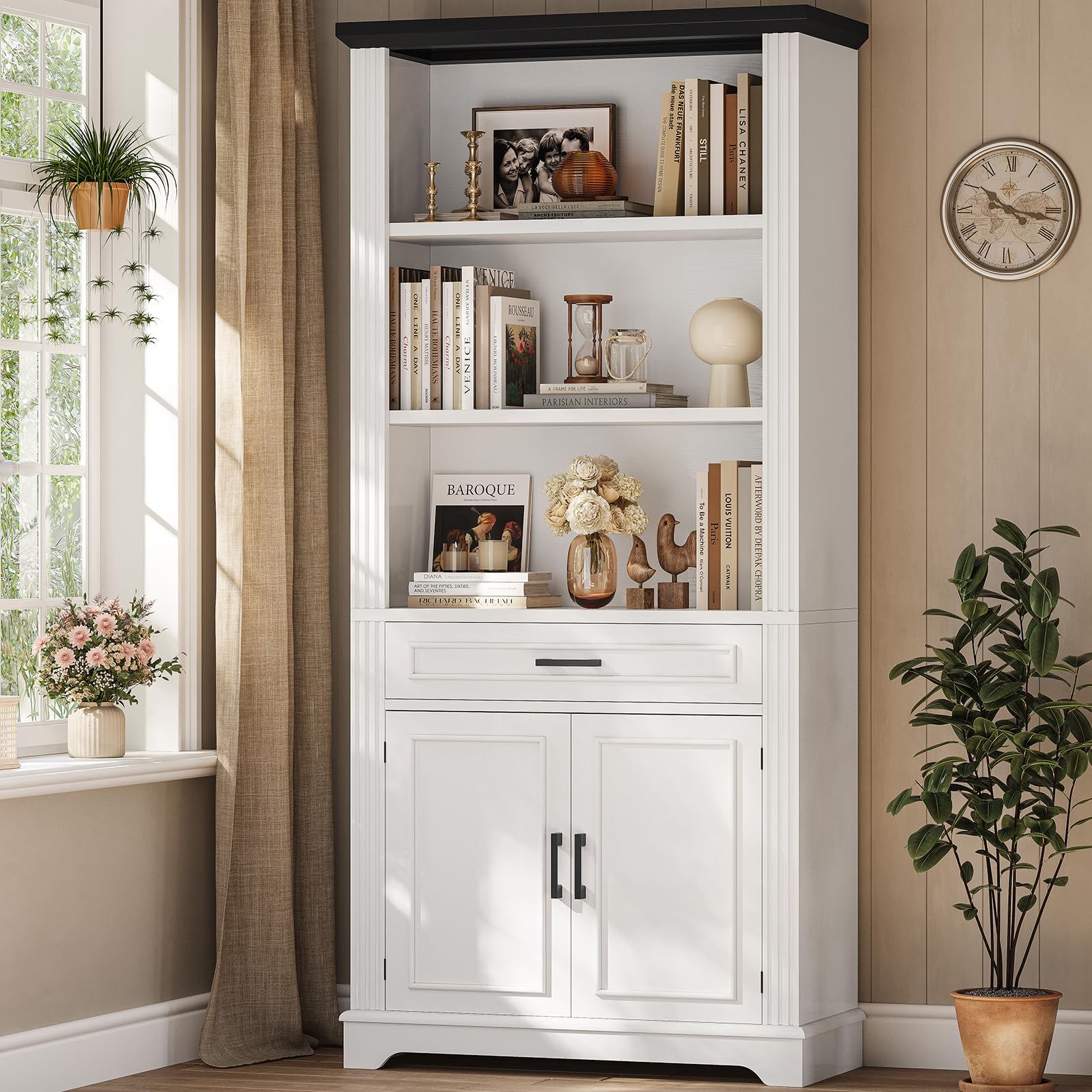 6-Tier Farmhouse Bookcase with Doors and Drawer