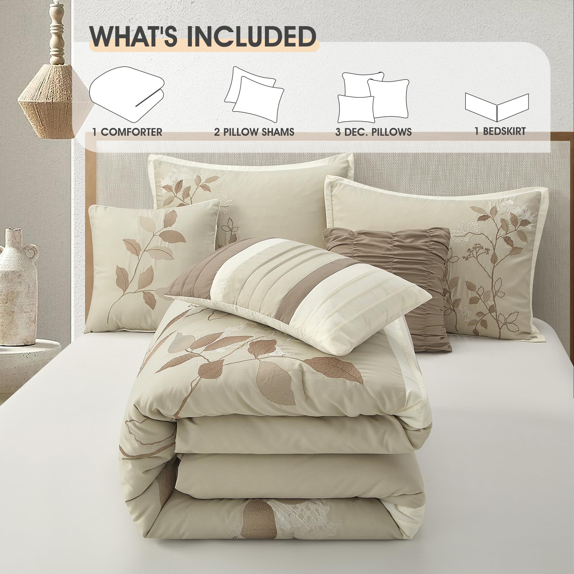 7-Piece Queen Comforter Set with Floral Embroidery