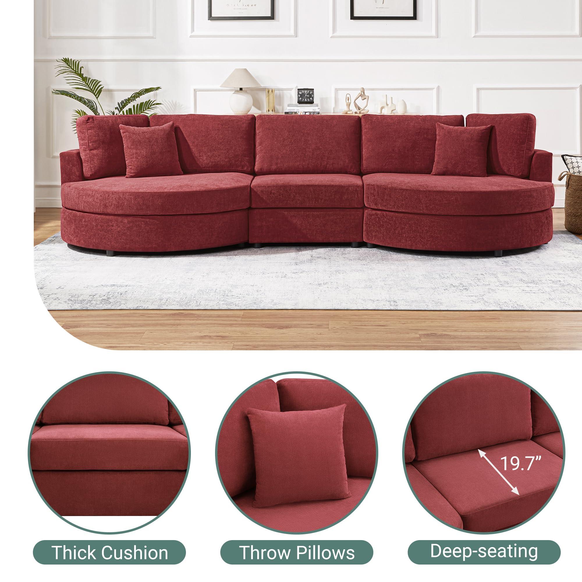 Merax 129 inches 3-Seater Curved Chenille Sofa, Modern Upholstered Living Room Couch with Thick Cushions, Includes 2 Throw Pillows, Easy Assembly, Red
