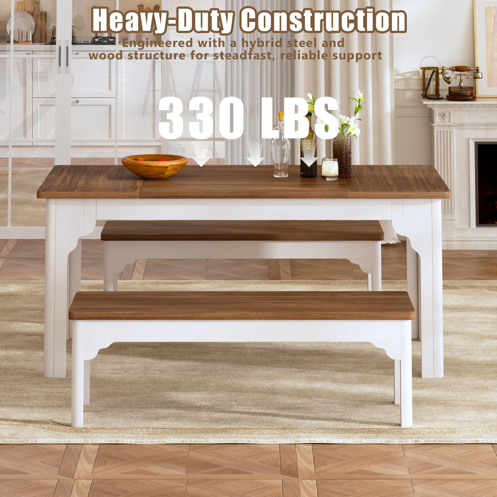 Farmhouse Dining Table Set with 2 Benches