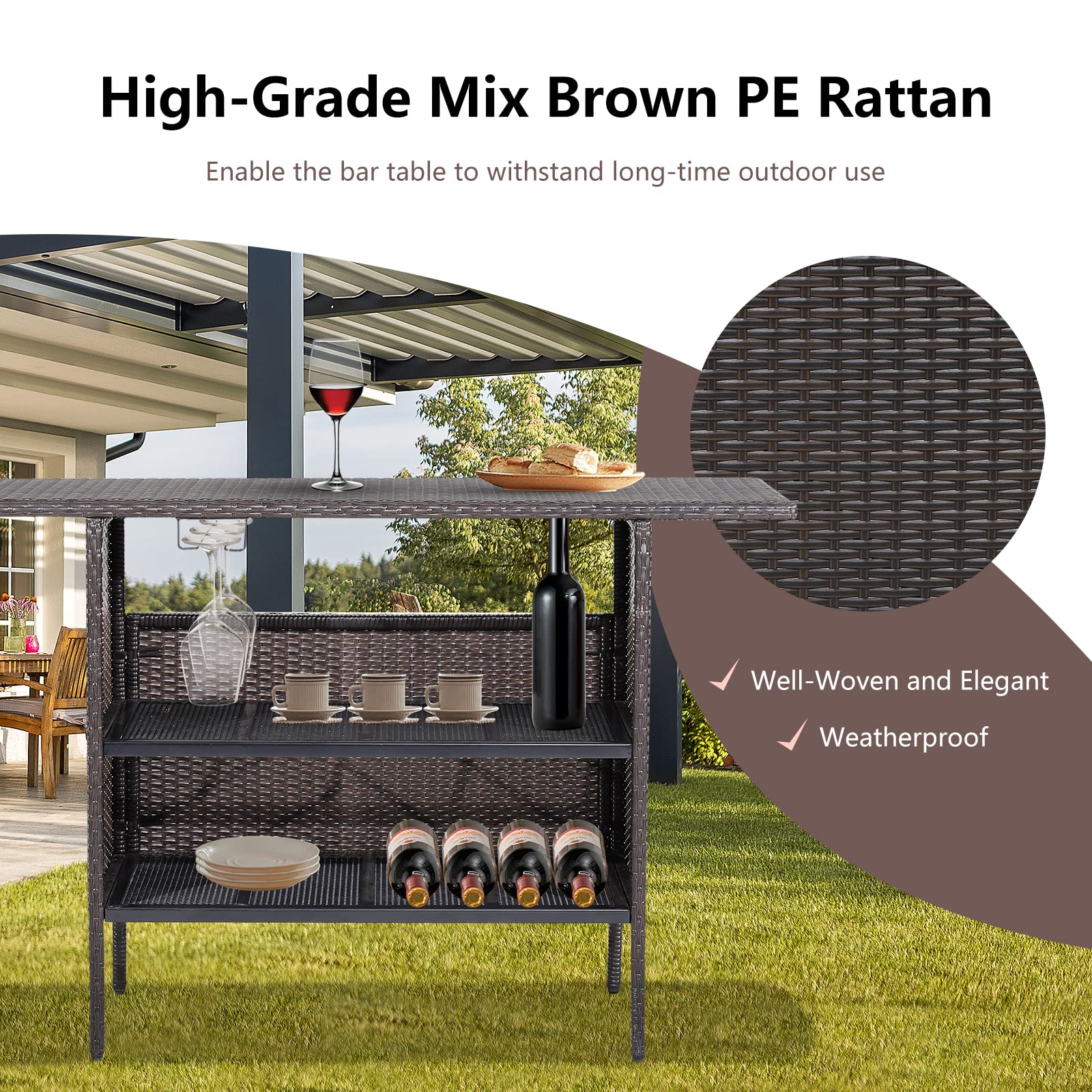 Outdoor Wicker Bar Table with Storage Shelves