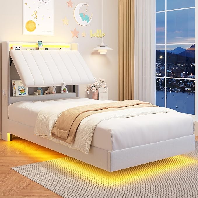 Queen Size Floating Bed Frame with LED Lights and Storage Headboard