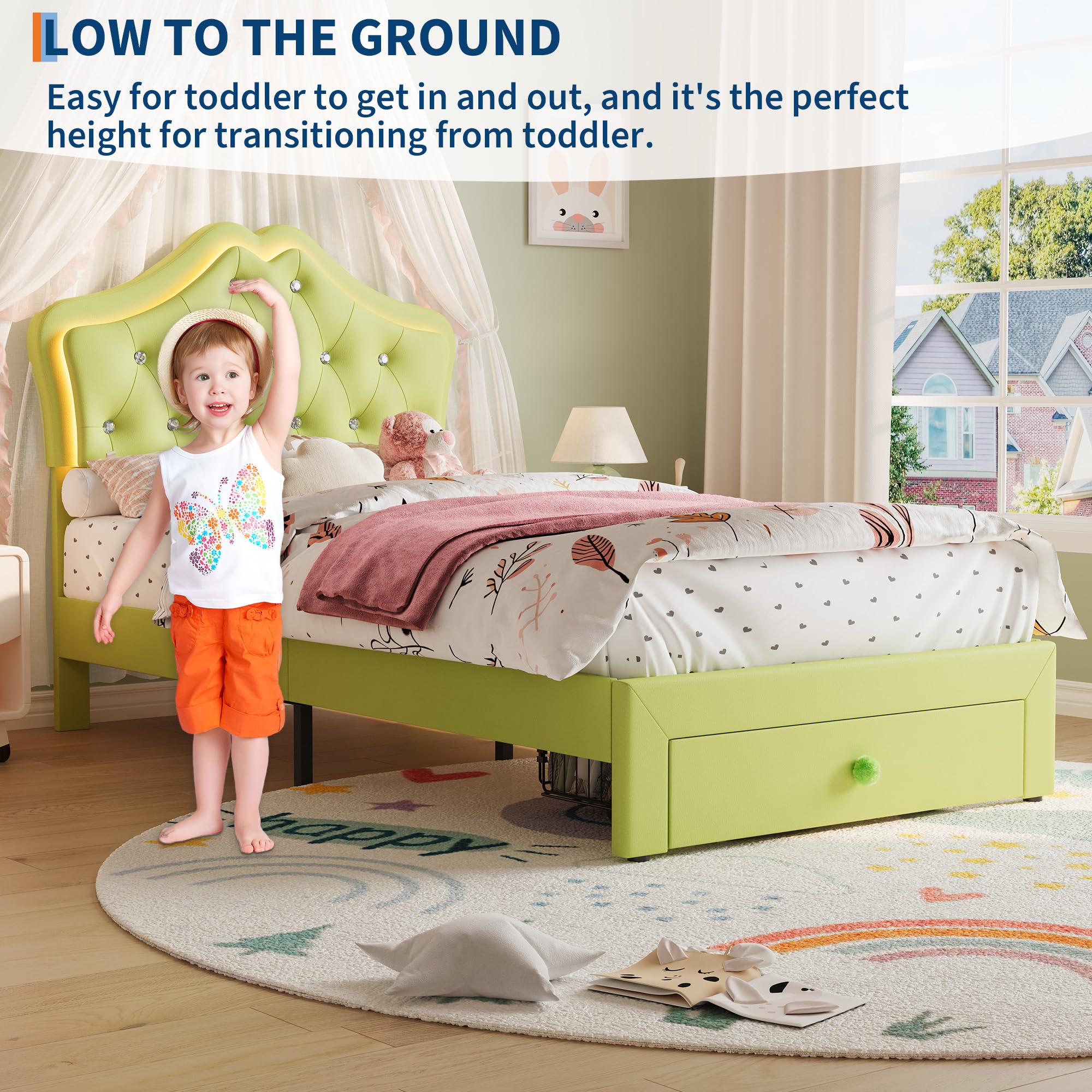 Twin Bed Frame with LED Lights and Storage Drawer