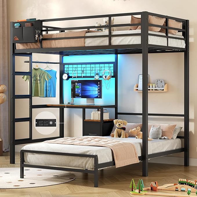 L-Shaped Twin Over Twin Bunk Bed with Desk and LED Lights