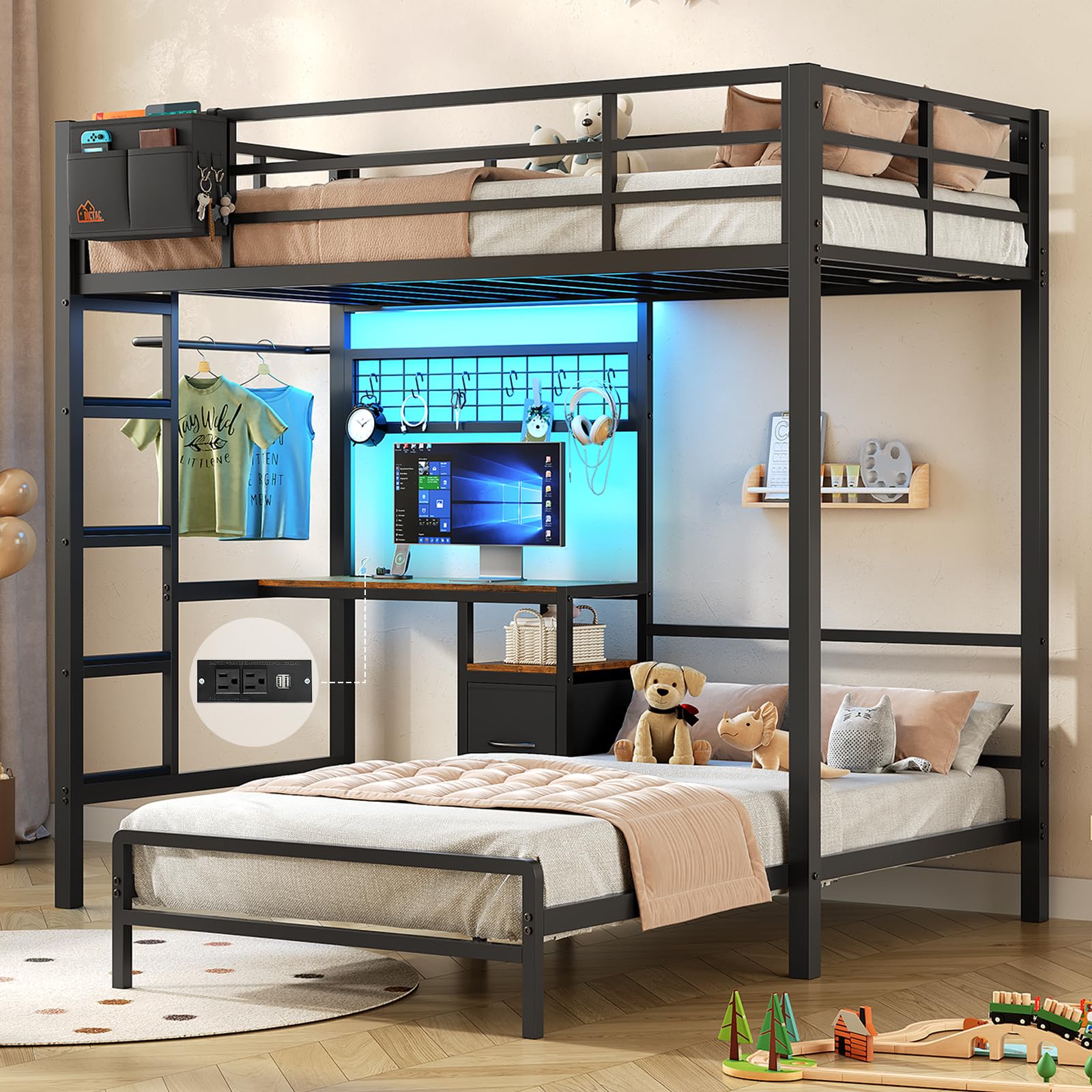 L-Shaped Twin Over Twin Bunk Bed with Desk and LED Lights
