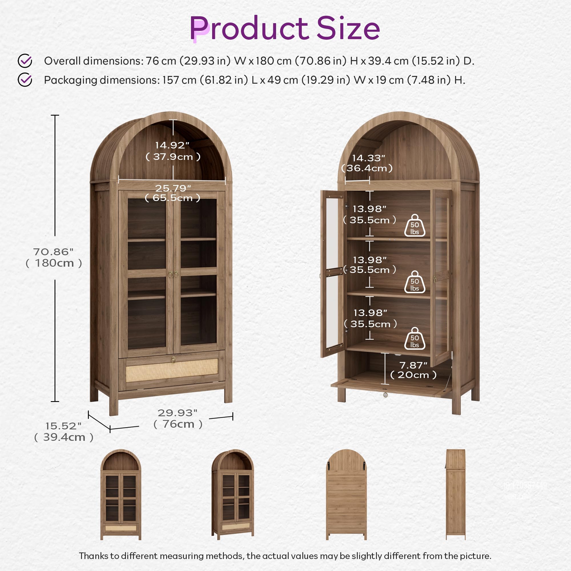 71" Tall Arched Pantry Cabinet with Drawer and Glass Door