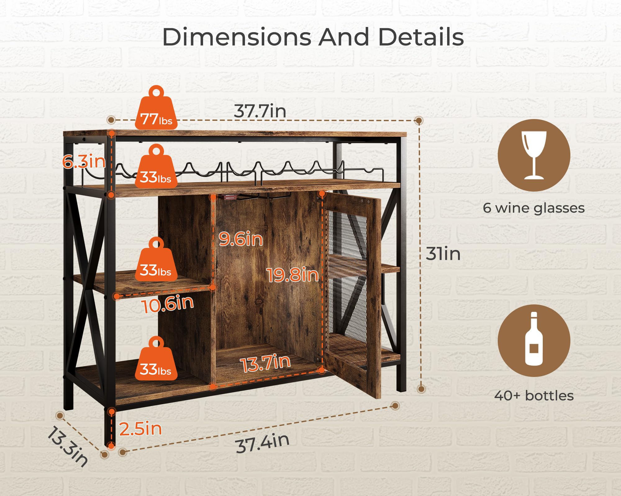 Industrial Wine Bar Cabinet with Wine Rack and Stemware Holder
