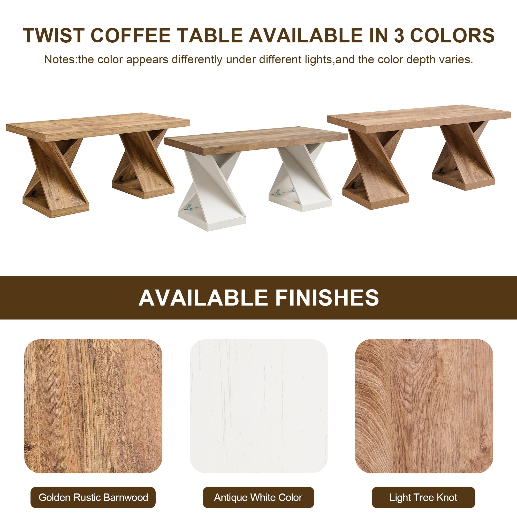 OKD Modern Coffee Table, 48" Twisted Center Table with Wood Thickened Pedestal, Rectangular Rustic Living Room Table, Farmhouse Storage Low Cocktail Tea Table, Light Tree Knot