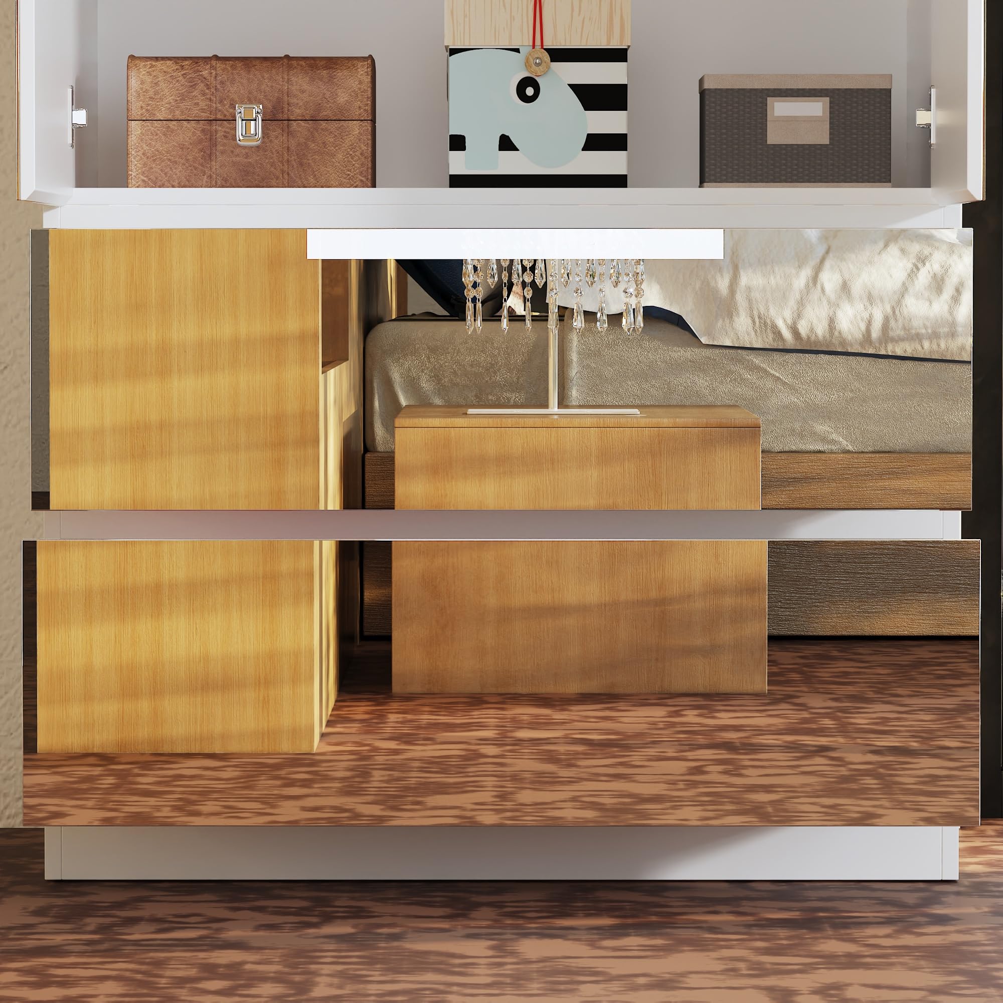 Mirrored Wardrobe Closet with 2 Doors, 2 Drawers & Hanging Rod