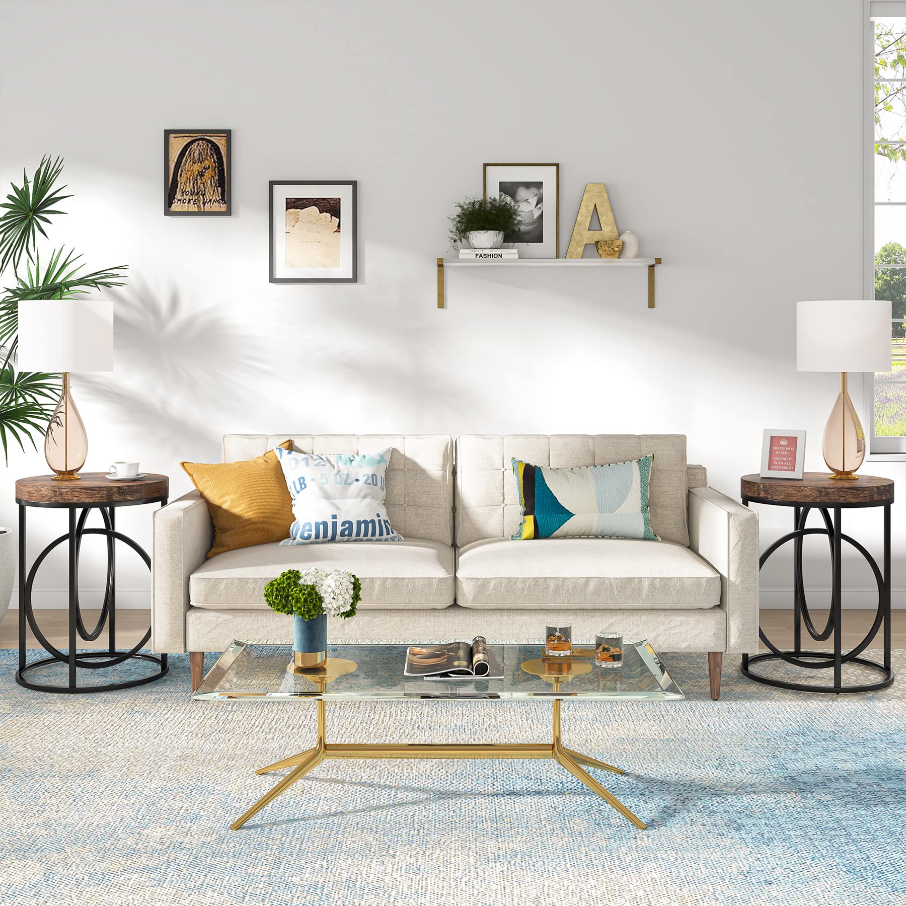 Round Industrial End Table with Metal Frame