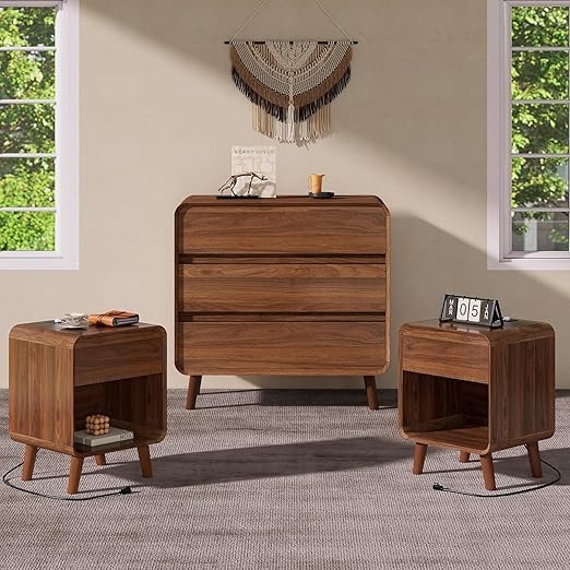 Nasonet Dresser and Nightstand Sets 3 Piece, 6 Drawer Dresser for Bedroom and Nightstands Set of 2, Wood Chest of Drawers Night Stand Mid Century Modern Bedroom Furniture Set, Walnut