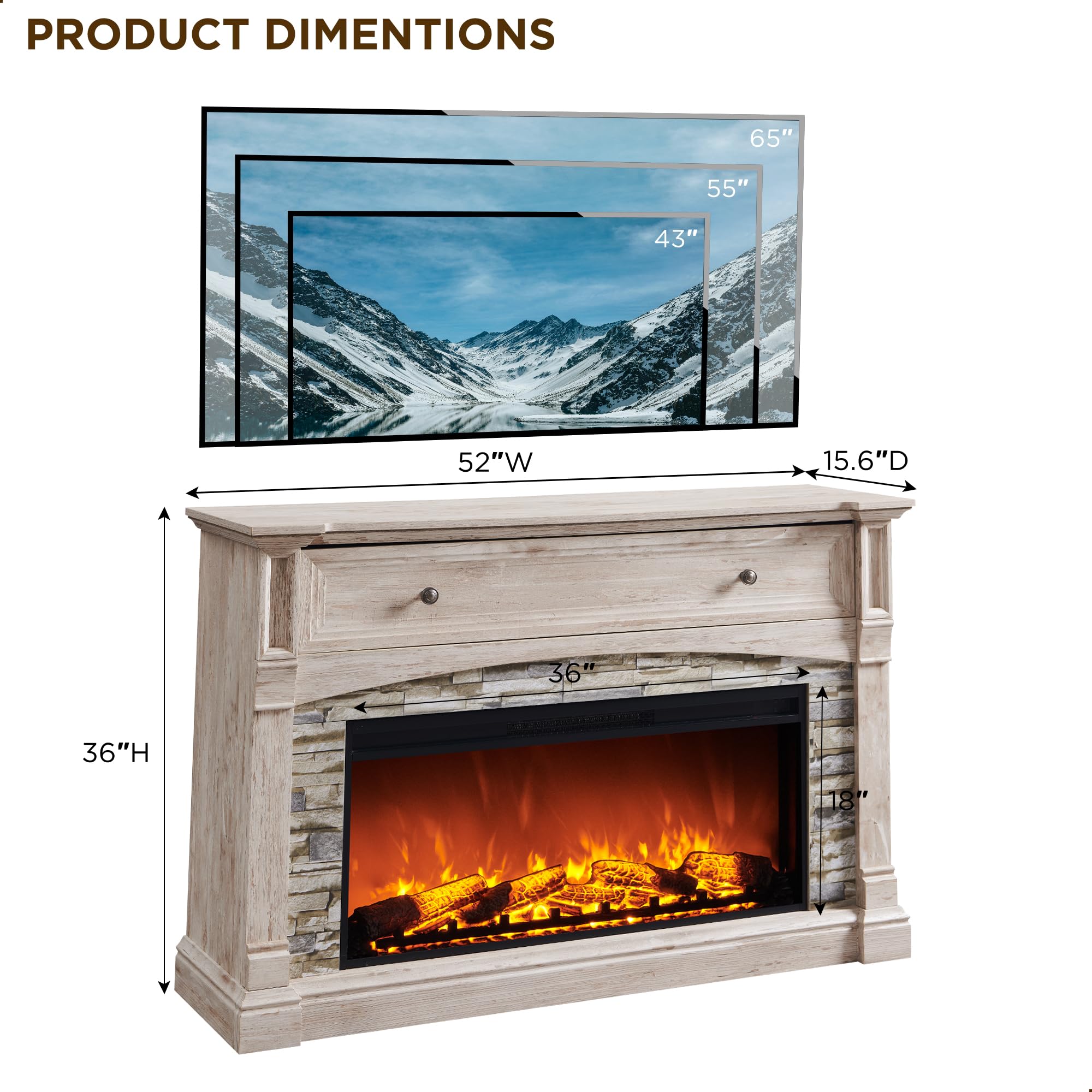 52" Electric Fireplace TV Stand with Mantel and Open Storage