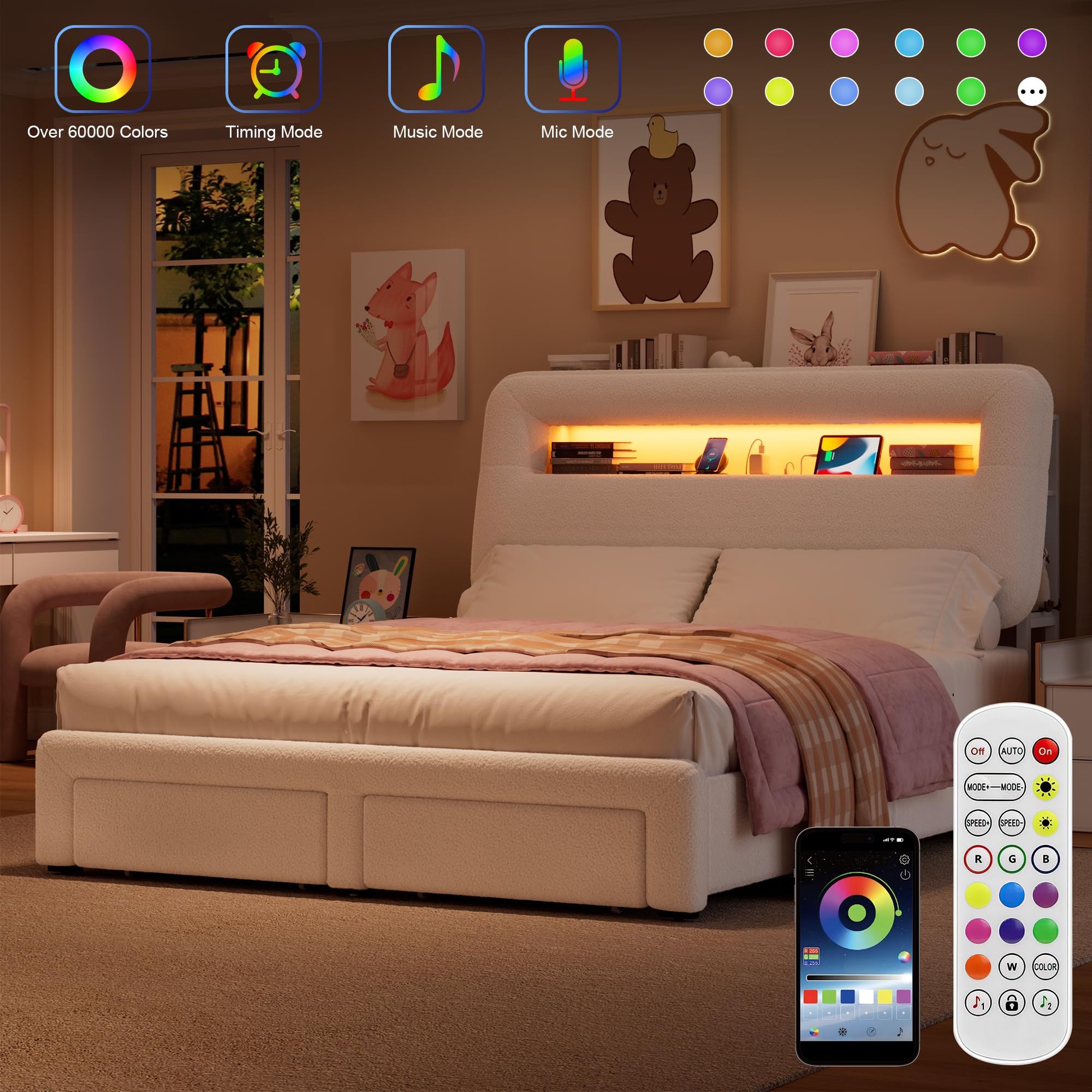 King LED Bed Frame with Storage Headboard and Charging Station