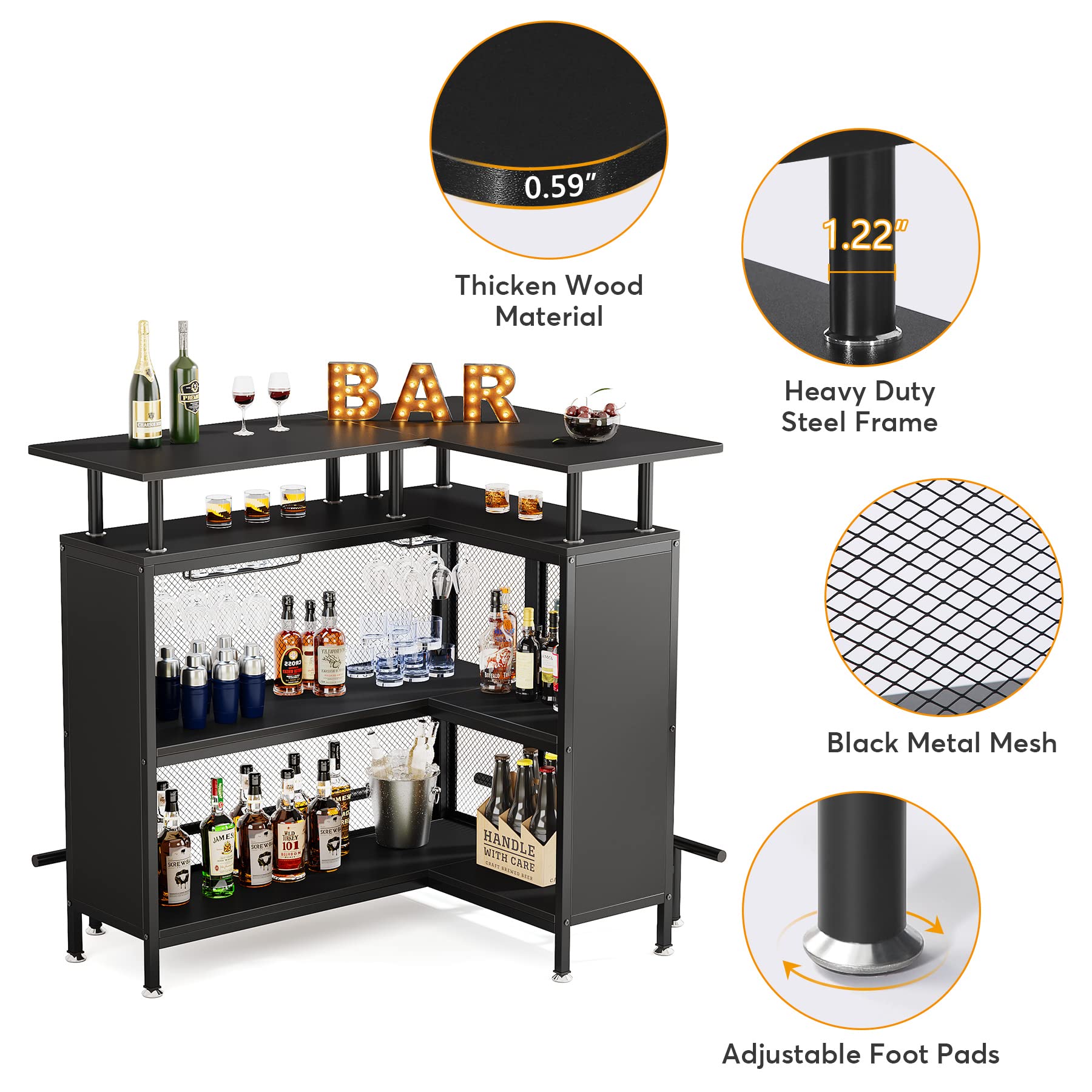 L-Shaped Bar Table with Stemware Racks and Storage Shelves