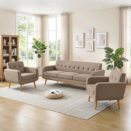 Button Tufted Living Room Set - 3 Piece Upholstered Sofa Collection