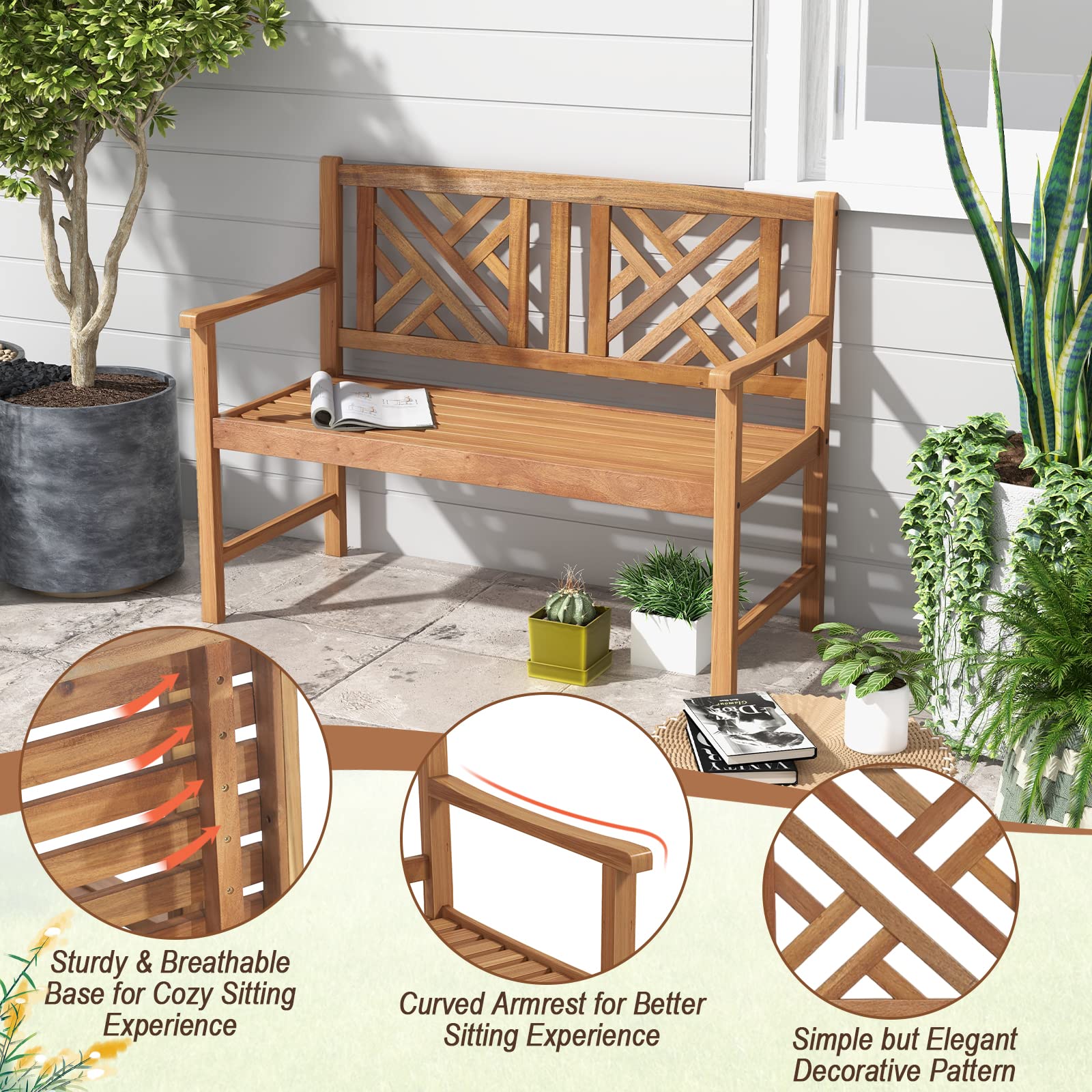 Acacia Wood Garden Bench 2-Person Loveseat with Armrests