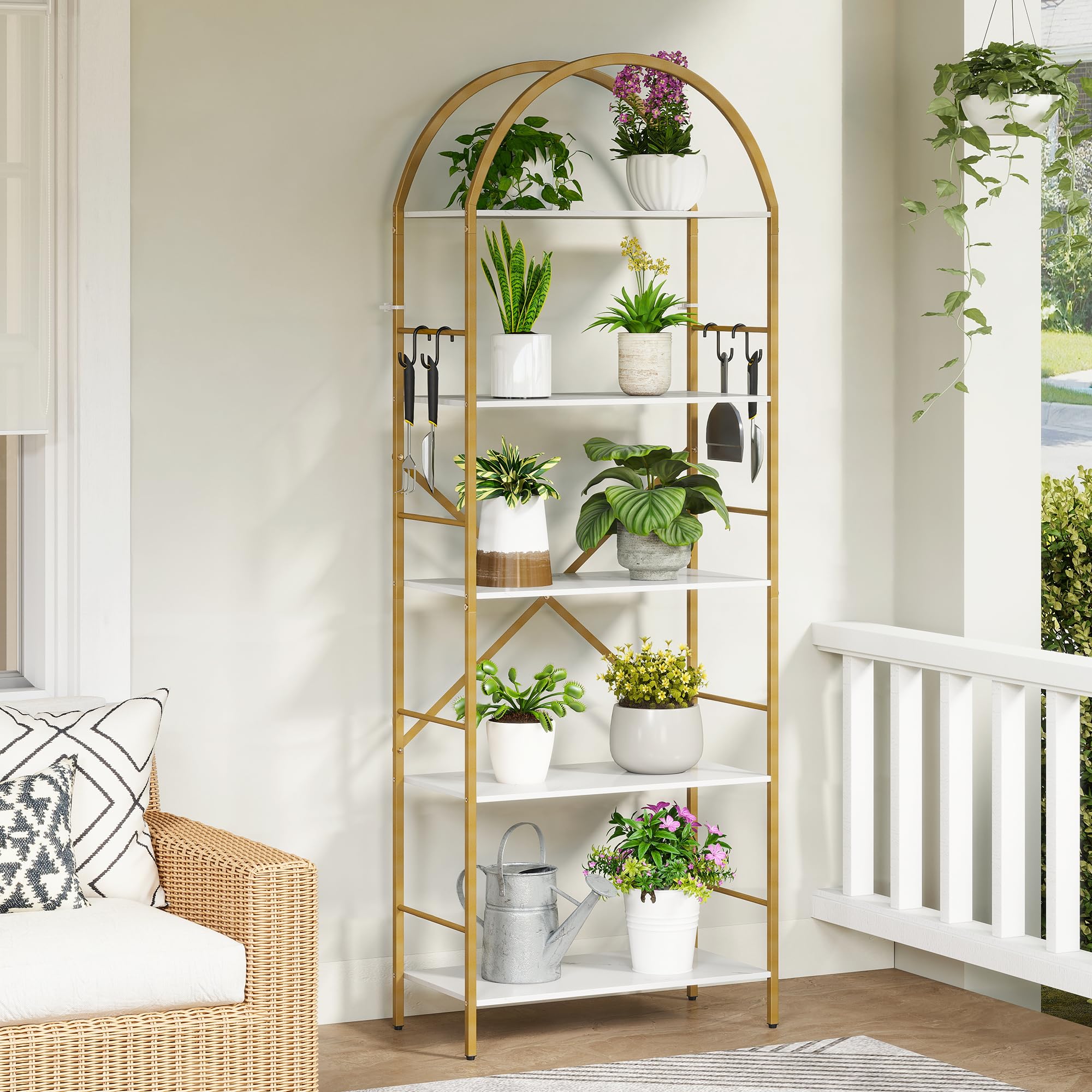 5 Tier Arched Bookshelf Gold and White