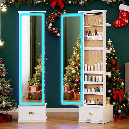 Full Length Mirror Jewelry Cabinet with LED Lights and Storage