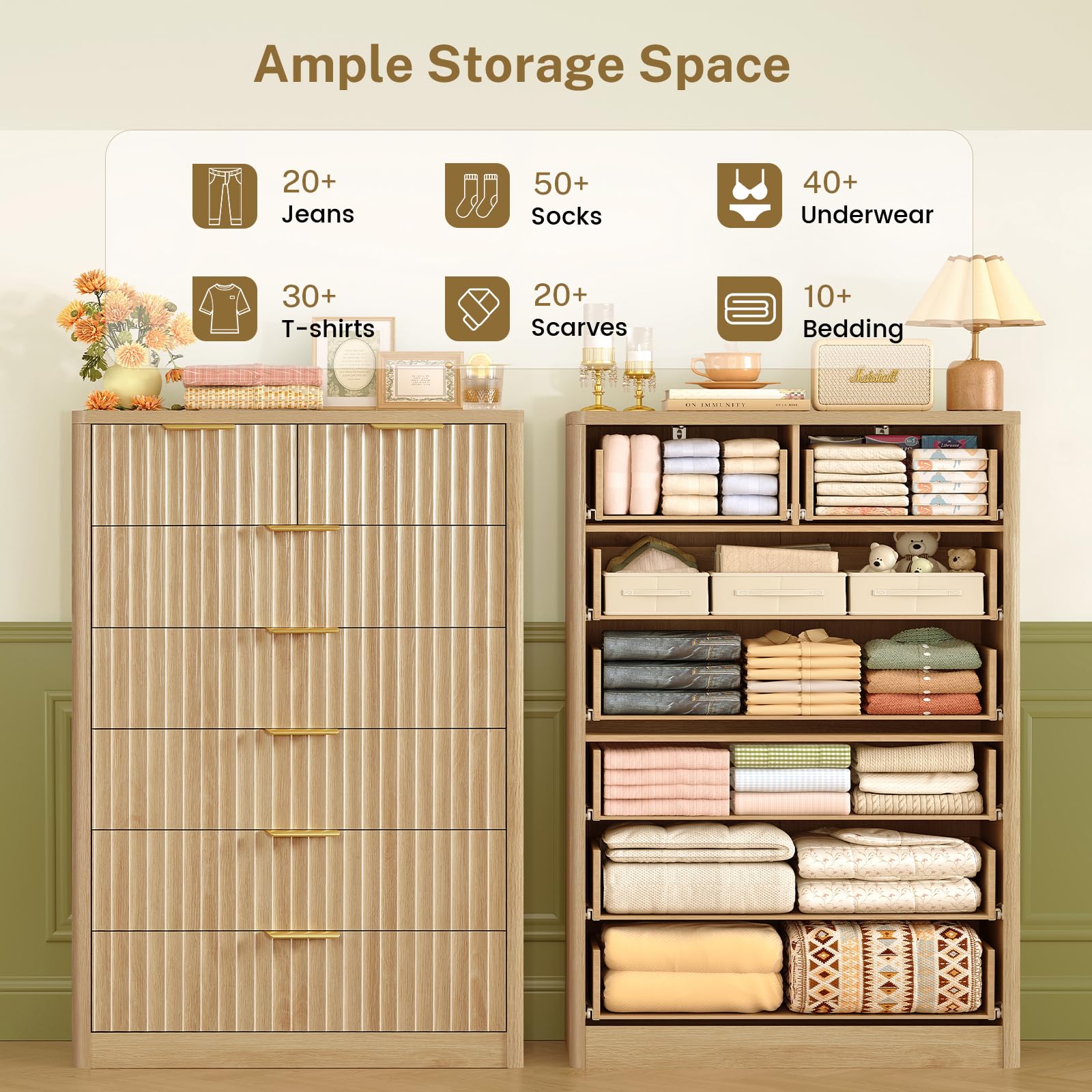 Fluted Dresser with 7 Drawers - 48" Tall Modern Chest of Drawers