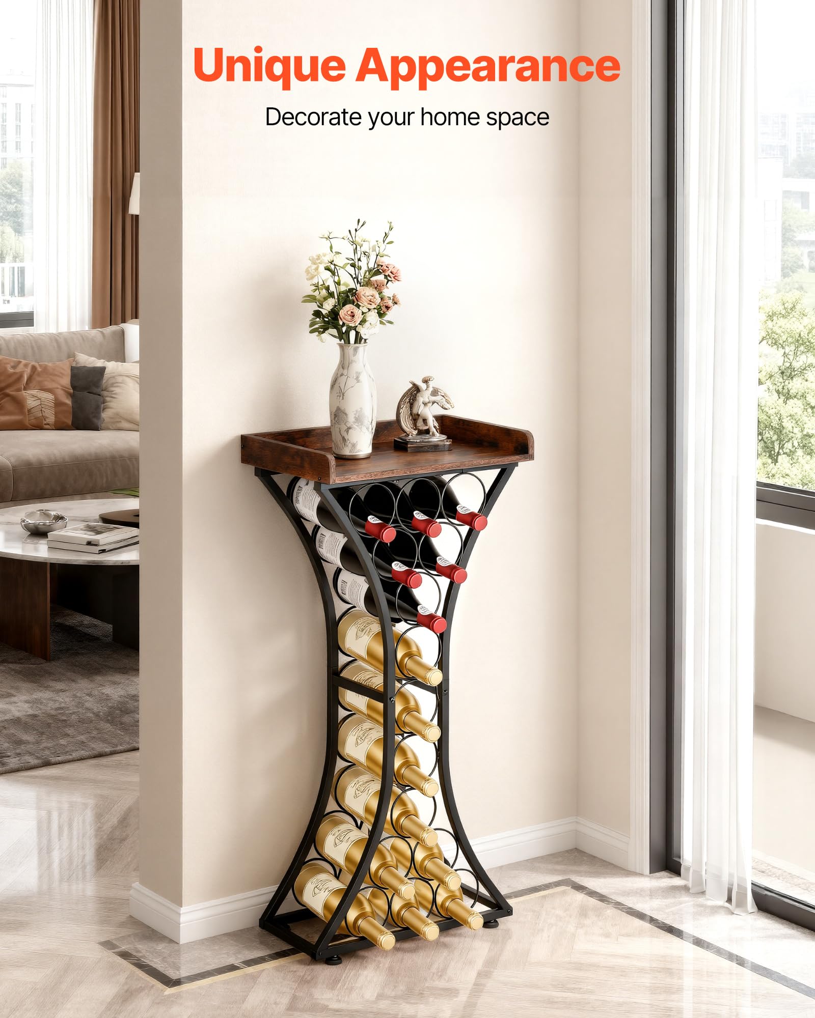 15 Bottle Freestanding Wine Rack with Wood Tabletop