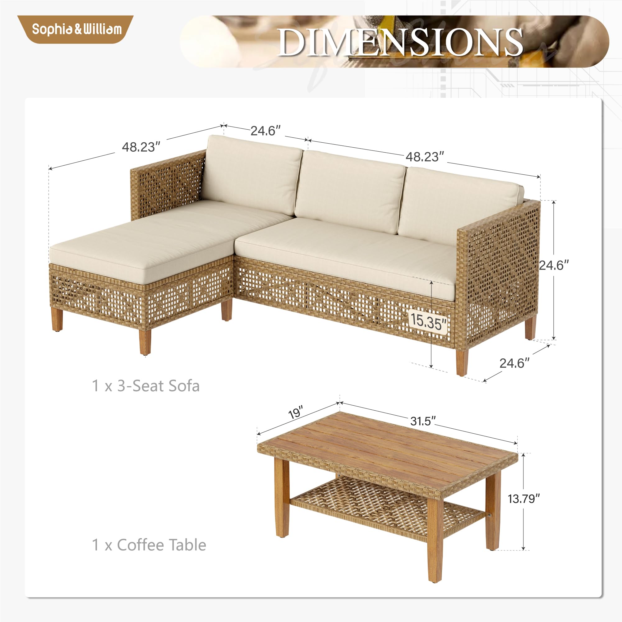 Outdoor Rattan Sofa Set with Cushions & Coffee Table - 3 Piece Patio Furniture