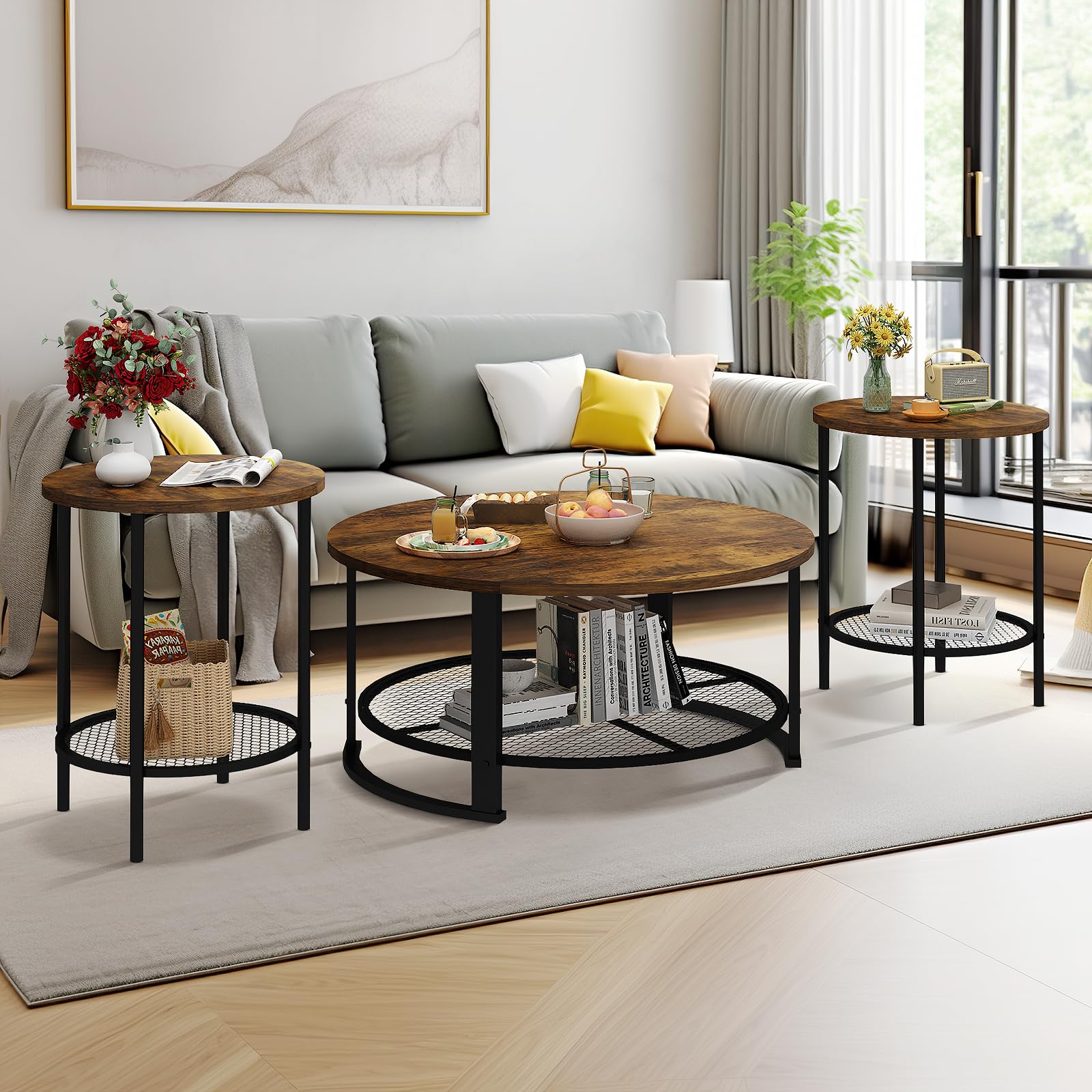 Round Coffee Table and End Table Set of 3 with Storage