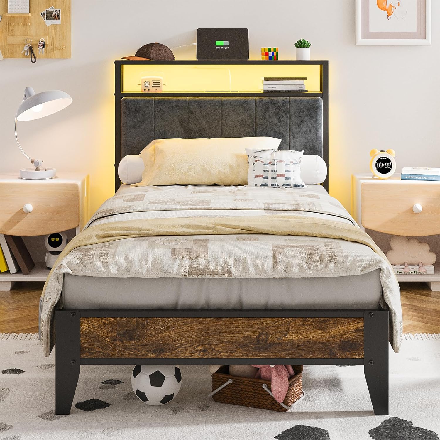 King Bed Frame with LED Headboard and Charging Station