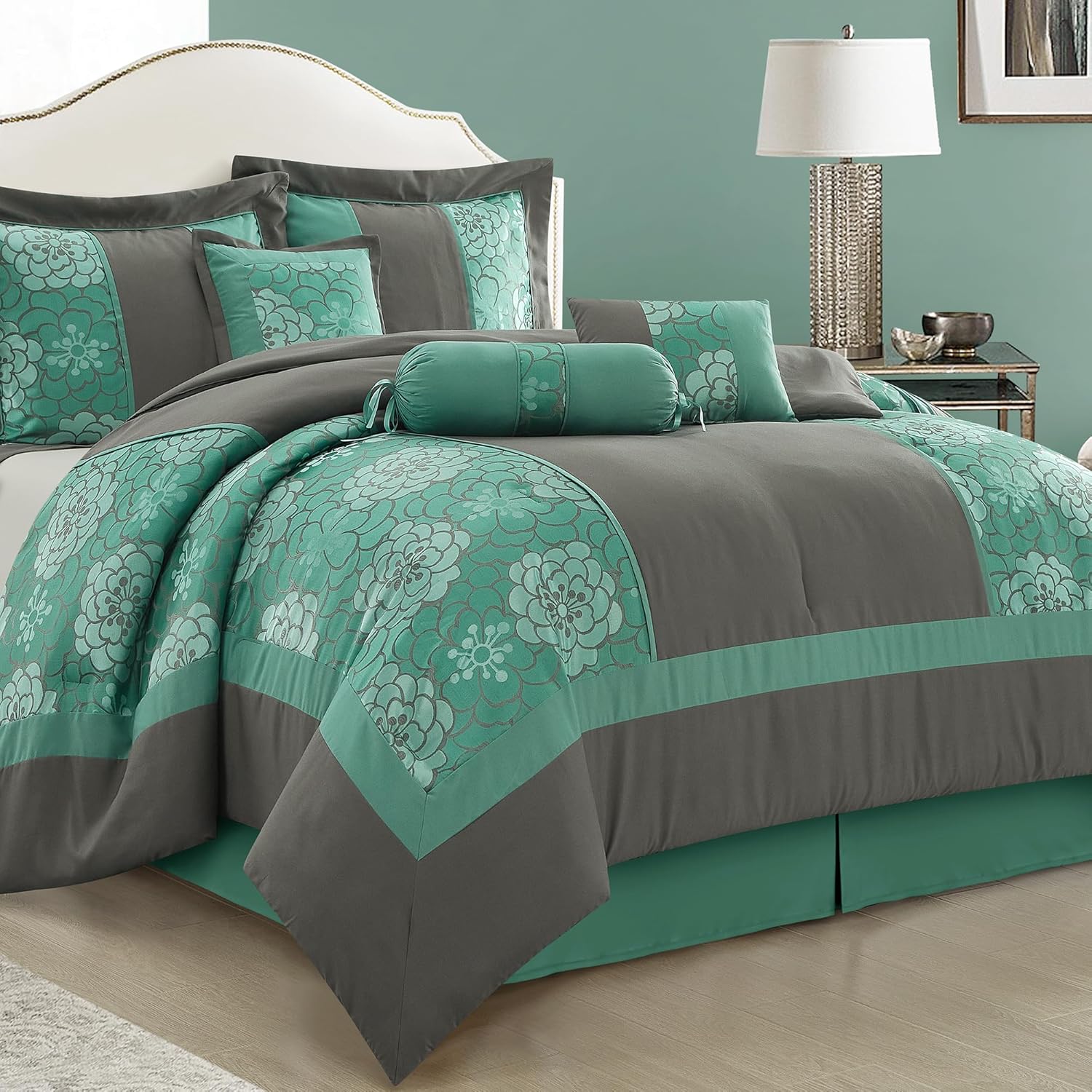 7-Piece King Comforter Set Blush Floral Jacquard Bedding