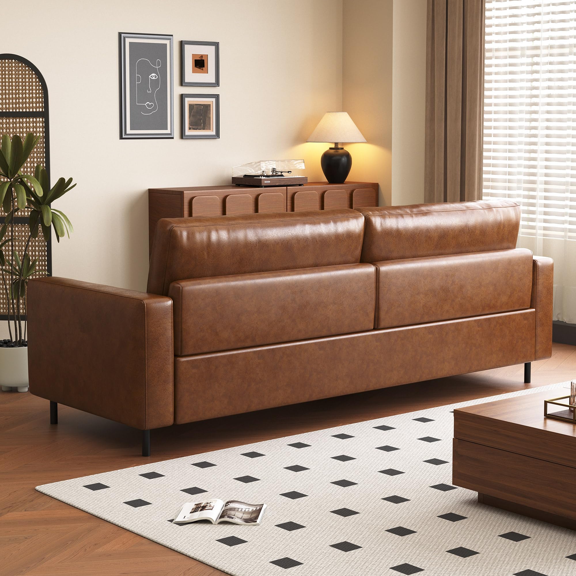 NessCarsti 80.31" Mid-Century Modern Faux Leather 3-Seater Sofa Couch, with Sturdy Metal Legs & Solid Wood Frame, for Living Room & Apartment, Brown