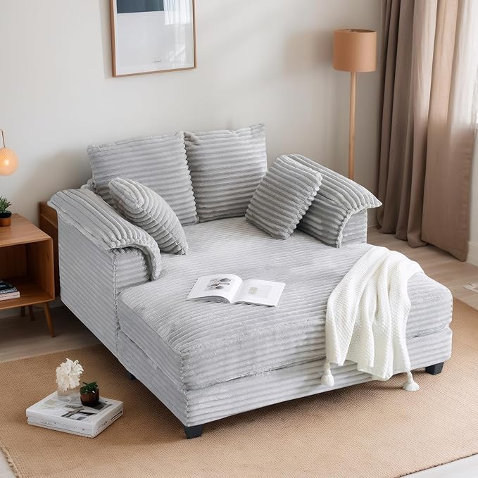 56" Oversized Chaise Lounge Chair - Beige Corduroy Sleeper Sofa