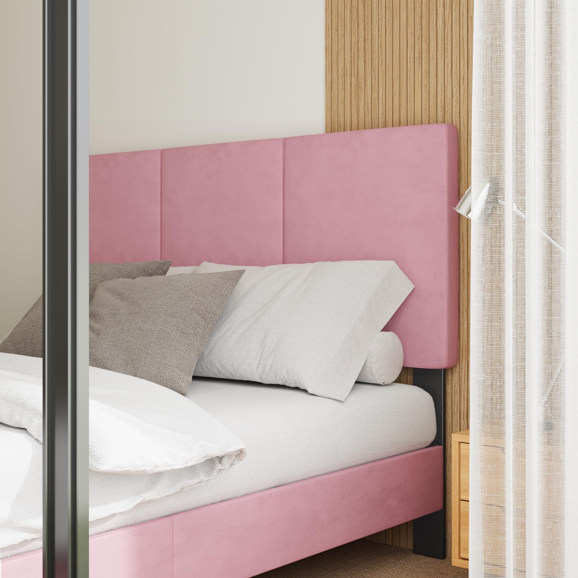 IOILORI Full Size Bed Frame with Upholstered Headboard, Sturdy Wood Slats, No Box Spring Required, Silent, Easy Assembly,Pink
