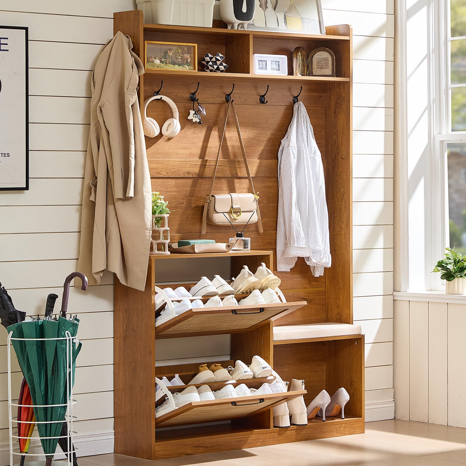 Boho Hall Tree with Bench & Shoe Storage