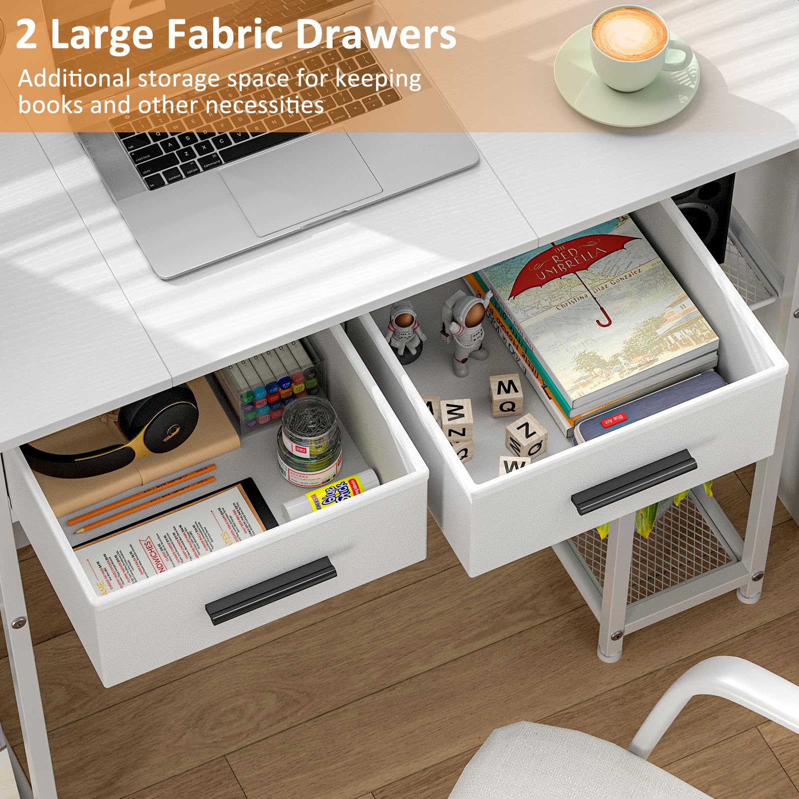 White Computer Desk with Storage Shelves and Drawers