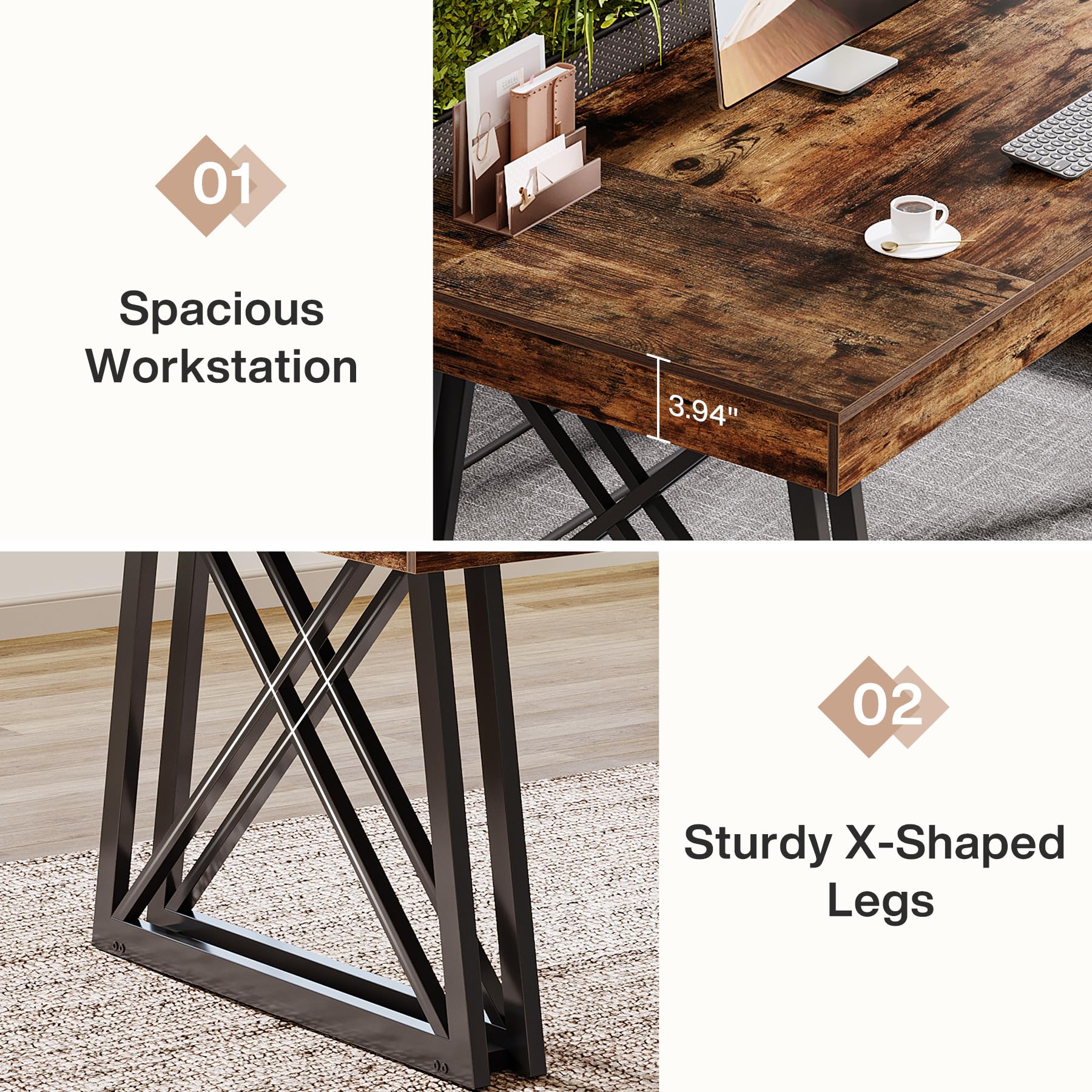 63-Inch Executive Desk with X-Shaped Legs