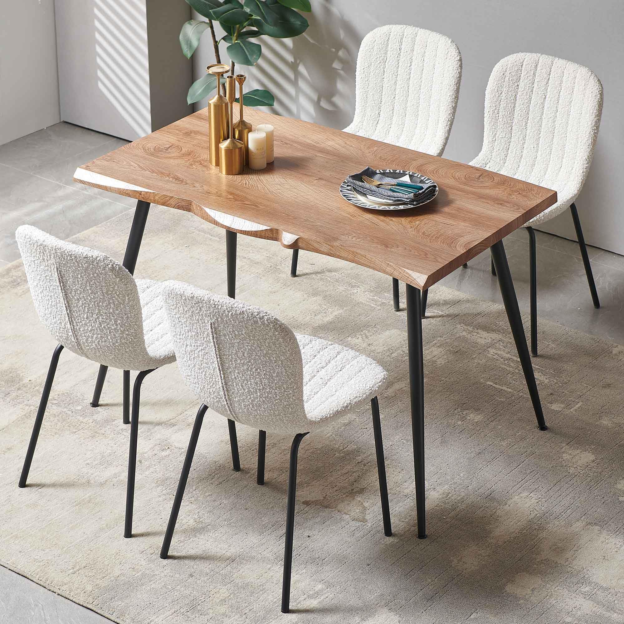 Dining Table Set for 4 with White Boucle Chairs