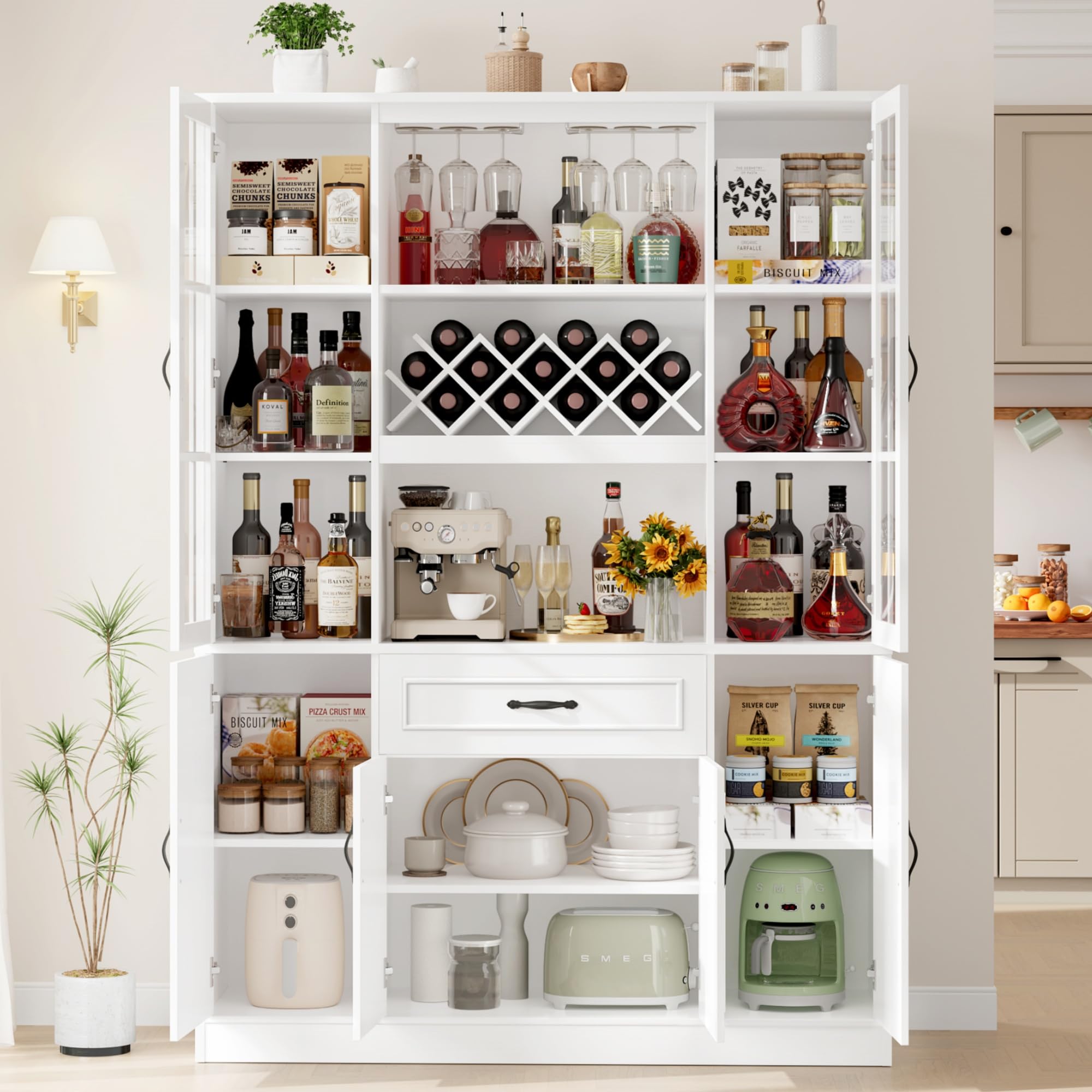 74" Kitchen Pantry Cabinet with Glass Door and Wine Rack