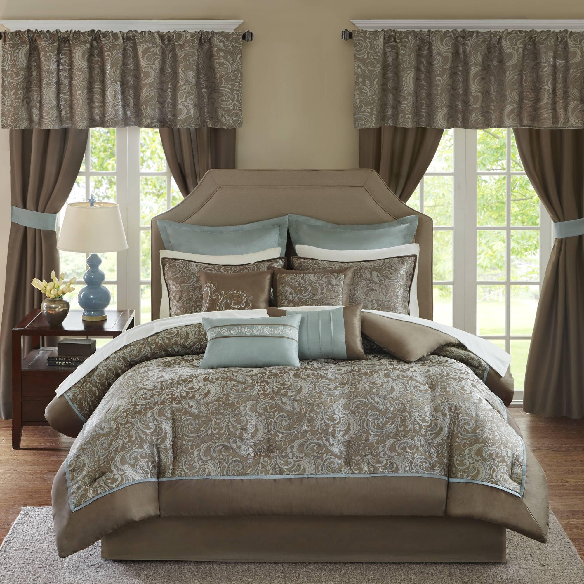Faux Silk Jacquard Paisley Comforter Set Queen 24 Piece