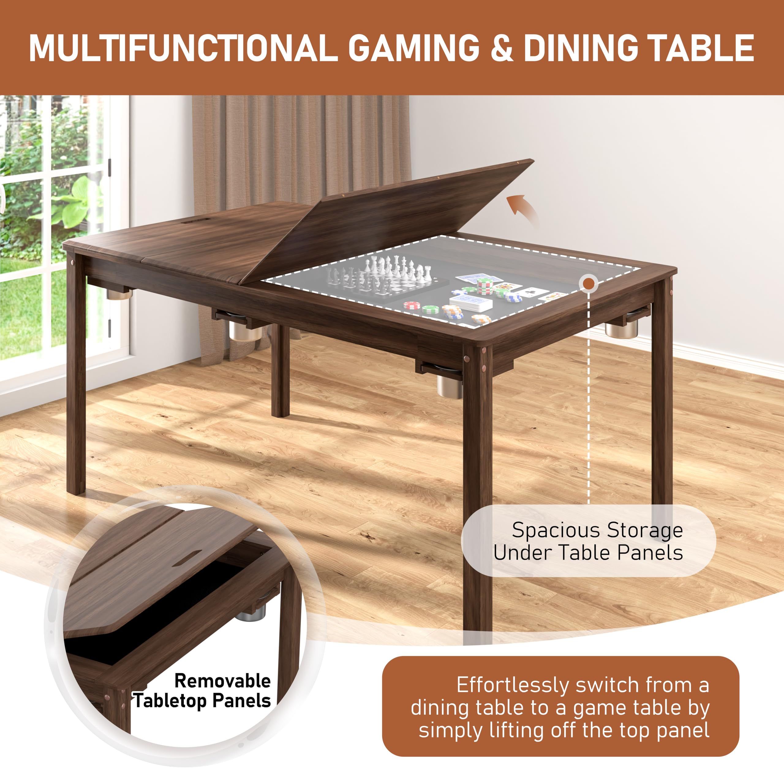 Solid Wood Board Game Table 63"W x 38.2"D x 30.4"H