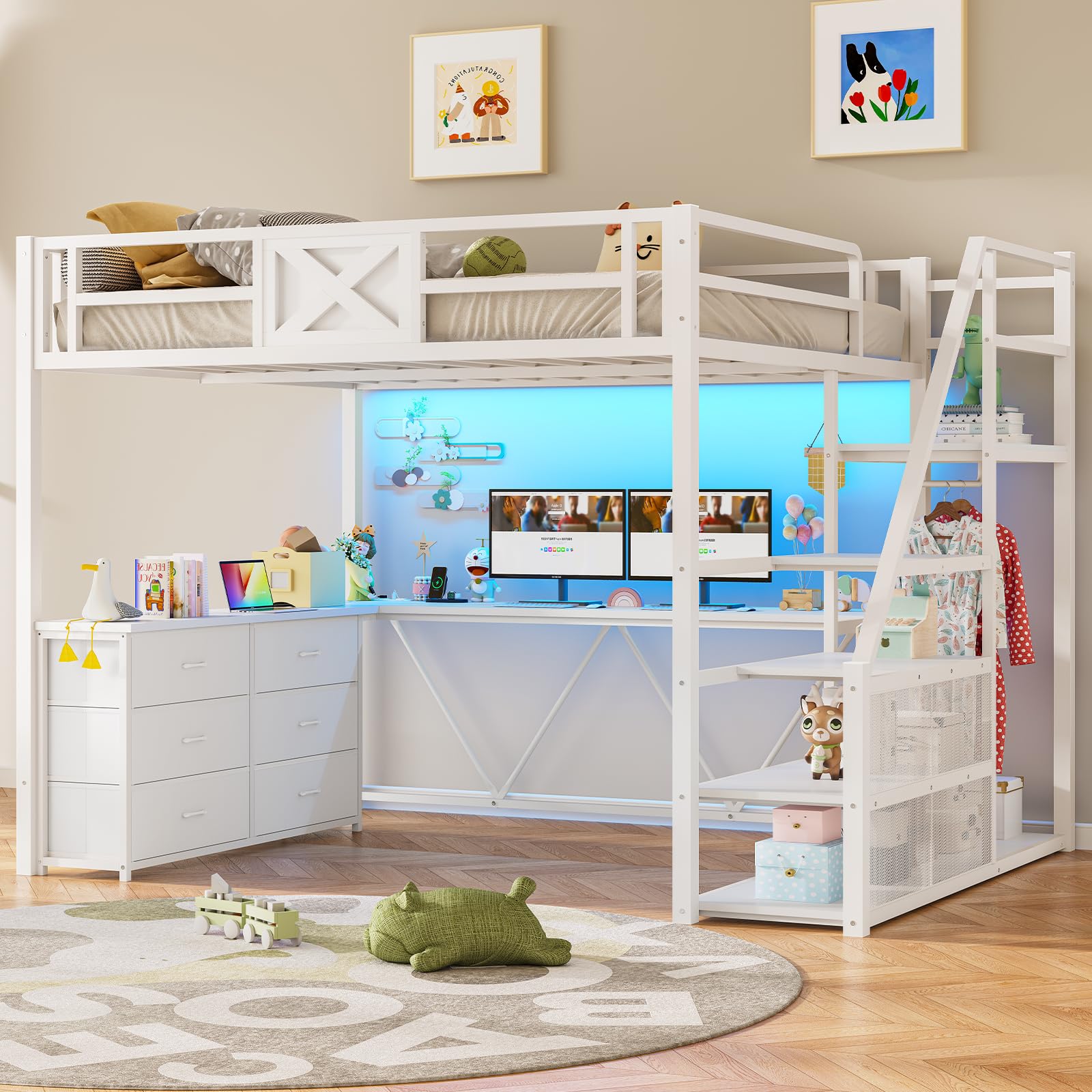 Itaar Full Size Loft Bed with Desk and Storage Stairs, Metal Loft Bed with 6 Storage Drawers, Hall Tree, LED Lights and Power Outlet, for Kids, Teens, Adults, White